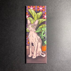 Sphynx Cat and Plants Magnet, Retro Hairless Cat Kitchen Decor, Cartoon Pet Portrait Art Gift, 1.5x4.5" High Quality Handmade Magnet