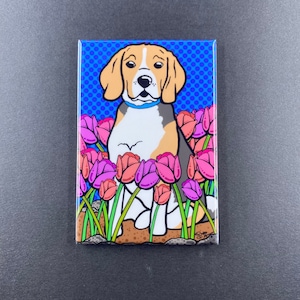 Beagle Magnet, Floral Dog Kitchen & Office Decor, Cartoon Pet Portrait Art Gift, 2x3" High Quality Handmade Magnet