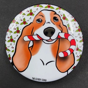 Basset Hound Dog Handmade Candy Cane Pet Portrait Art Gift & Accessories - Magnet, Pinback Button, Bottle Opener, Keychain or Mini Ornament