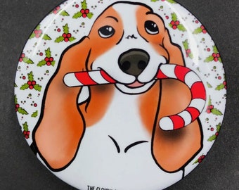 Basset Hound Dog Handmade Candy Cane Pet Portrait Art Gift & Accessories - Magnet, Pinback Button, Bottle Opener, Keychain or Mini Ornament