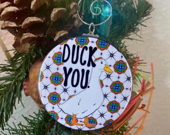 Duck You Ornament, Funny Duck Christmas Tree Decor, Retro Farmhouse Holiday Decor, Handmade 2.25" Pet Portrait Stocking Stuffer Gift