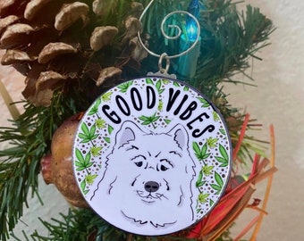 Samoyed Good Vibes Ornament, 420 Eskimo Dog Christmas Tree Decor, Gifts for Stoner, Handmade 2.25" Pet Portrait Stocking Stuffer