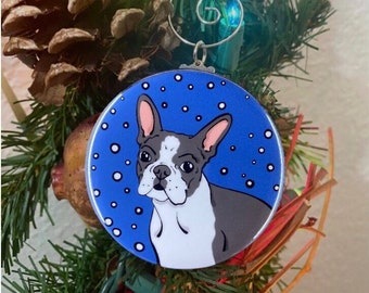 Boston Terrier Ornament, Dog Christmas Tree Decor, Holiday Dog Snow Decoration, Handmade Mini 2.25" Pet Portrait Stocking Stuffer Gift