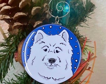 Samoyed Ornament, Funny Eskimo Dog Christmas Tree Decor, Holiday Dog Snow Decoration, Handmade Mini 2.25" Pet Portrait Stocking Stuffer Gift