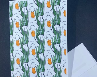 Pekin Duck Card, Ducks in the Grass Greeting Card, Retro Duck Stationery Gift, Handmade Blank Card + Self Seal Envelope (Set or Single Card)