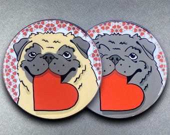 Pug Dog Heart Valentines Day Gift & Accessories - Handmade Magnet, Pinback Button, Bottle Opener, Keychain or Mini Ornament