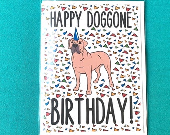 Boerboel Happy Doggone Birthday Card - Confetti Celebration Note Card - Cartoon Art Dog Stationery Set or Single Card
