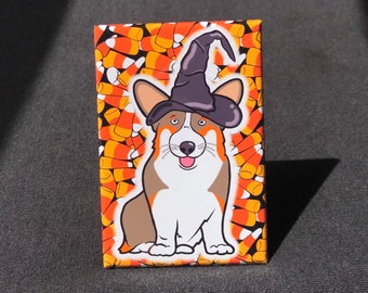 Tricolor Corgi Halloween Magnet - Holiday Dog Locker & Kitchen Fridge Decor - Candy Corn Dog Art Gift
