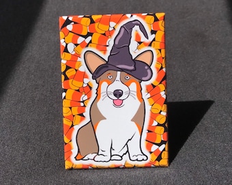 Tricolor Corgi Halloween Magnet - Holiday Dog Locker & Kitchen Fridge Decor - Candy Corn Dog Art Gift