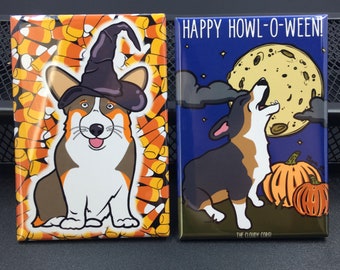 Corgi Halloween Magnet Set, Holiday Pet Portrait Gift, Cute Fridge & Locker Decoration, Handmade Magnet Set 2-2x3" Magnets (Tricolor or Red)