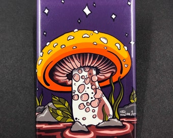Mushroom Art Magnet, Retro Kitchen & Office Decor, Psychedelic Fantasy Art Gift, Whimsical Nature Decoration, 2x3" Handmade Magnet