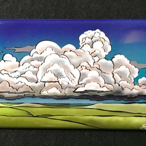 May include: A painting of a large, fluffy white cloud formation against a blue sky. The clouds are layered and textured, with a dark blue shadow beneath them. The horizon is a line of green hills.
