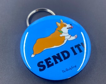 Corgi "SEND IT!" Bottle Opener Keychain, Retro Dog Accessories, Pet Portrait Art Gift, Dog Bartending Gift, 2.25" Artwork - Handmade