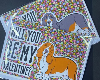 Basset Hound Dog Valentines Day Card, Holiday Pet Portrait Greeting Card, Handmade 5x7" Card with Envelope (Set or Single Card)