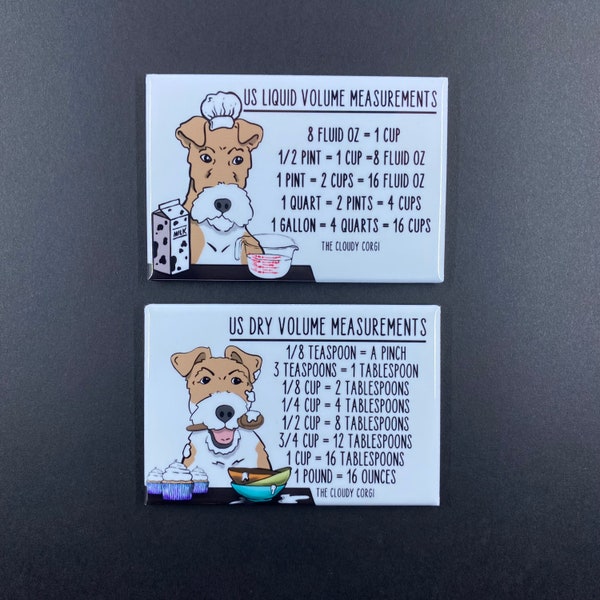 Wire Fox Terrier Measuring Chart Magnet Set, Baking and Cooking Conversion Charts, Retro Dog Kitchen Decor, Set of 2-2x3" Handmade Magnets