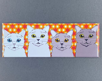 Retro Cat Magnet, Handmade Psychedelic Kitty Decor,  Funny Pet Portrait Mini Art Gifts, High Quality Handmade Magnet 1.5x4.5"