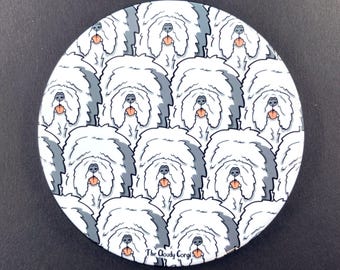 Old English Sheepdog Pattern Pet Portrait Handmade Gift & Accessories - Magnet, Pinback Button, Bottle Opener, Keychain, or Mini Ornament