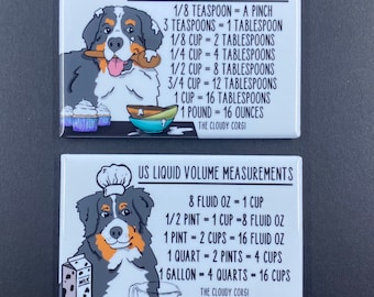 Bernese Mountain Dog Measuring Chart Set, Dog Kitchen Decor, Cooking & Baking Guide, Gift for Chefs and Bakers - Set of 2 Handmade Magnets