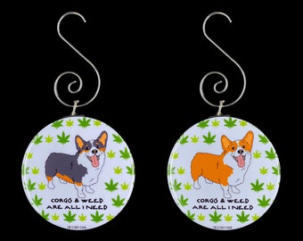 Stoner Corgi Ornament, Funny Dog Christmas Tree Decor, 420 Holiday Decoration, Handmade Mini 2.25" Pet Portrait Ornament Gift - Red or Tri