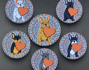 French Bulldog Valentines Day Pet Portrait Art Gifts & Accessories - Handmade Magnet, Pinback Button, Bottle Opener, Keychain, Mini Ornament