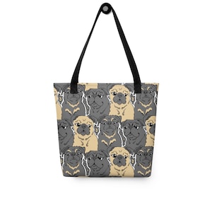 Retro Pug Tote Bag – Hand Illustrated Dog Print Tote 15x15&quot; | Funny Black & Fawn Pugs All Over Print | Reusable Dog Lover Bag