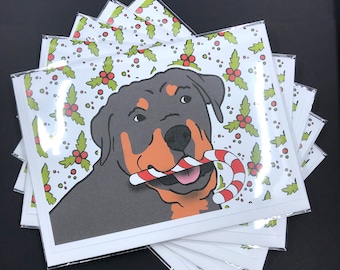 Rottweiler Christmas Card, Candy Cane Dog Card, Handmade Holiday Note Card Stationery, Single Card or Set Available