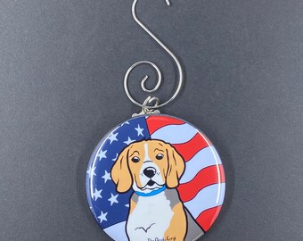 Beagle Ornament, Patriotic Dog Christmas Tree Decor, Cartoon Pet Portrait Stocking Stuffer Gift, USA Flag Ornament, 2.25" Graphic Handmade