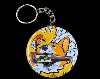 Welsh Corgi Beer Keychain - Psychedelic St. Patricks Day Dog Key Ring - Retro Welsh Corgi Pet Portrait Gifts & Collectible Accessories