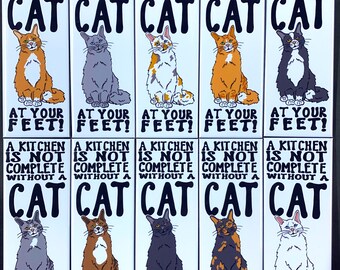 Cat Kitchen Magnet, Retro Kitchen Decor, Cartoon Pet Portrait Gift, Funny Cat Gifts, 1.5x4.5" High Quality Handmade Magnet - 10 Colors Avail