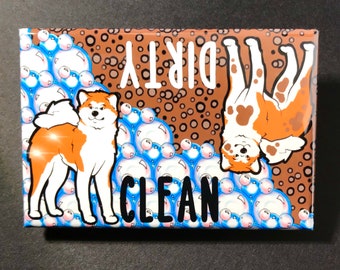 Akita Dishwasher Magnet, Clean Dirty Dog Sign, Retro Kitchen Decor, Cartoon Pet Portrait Gift, Cute Cleaning Accessories, 2x3" Handmade