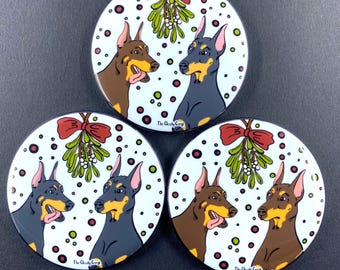 Doberman Pinscher Dog Mistletoe Christmas Pet Portrait Art Gift & Accessory - Magnet, Pinback Button, Bottle Opener, Keychain, Mini Ornament