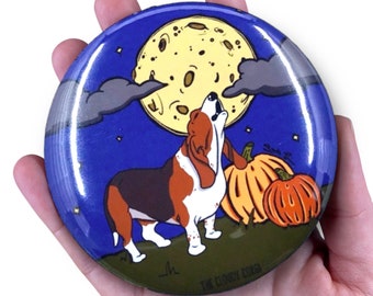 Basset Hound Dog Handmade Halloween Pet Portrait Art Gift & Accessories - Magnet, Pinback Button, Bottle Opener, Keychain or Mini Ornament