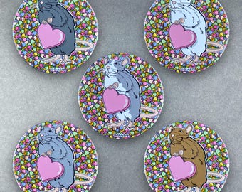 Rat Candy Heart Valentine's Day Gifts & Accessories - Handmade Magnet, Pinback Button, Bottle Opener, Keychain or Mini Ornament