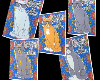 Good Vibes & Nine Lives Cat Greeting Card, Funny Retro Pet Portrait Art Gift, Psychedelic Stationery 5x7" Handmade Card + Self Seal Envelope