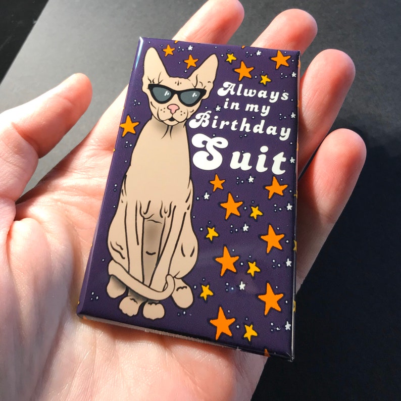 Puede incluir: Un im&aacute;n morado y blanco con un gato Sphynx de dibujos animados que lleva gafas de sol. El gato est&aacute; sentado con las piernas cruzadas y la cola enroscada alrededor de su cuerpo. El texto en el im&aacute;n dice "Always in my Birthday Suit".