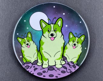Alien Welsh Corgi Dog Space Pet Portrait Art Gifts & Accessories - Handmade Magnet, Pinback Button, Bottle Opener, Keychain or Mini Ornament