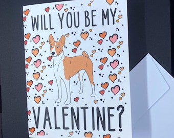 Basenji  Valentine's Day Card - Will You Be My Valentine? Puppy Love Note Card - Holiday Stationery Set or Single Card