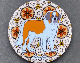 Saint Bernard Dog Retro Pet Portrait Art Gifts & Accessories - Handmade Magnet, Pinback Button, Bottle Opener, Keychain or Mini Ornament