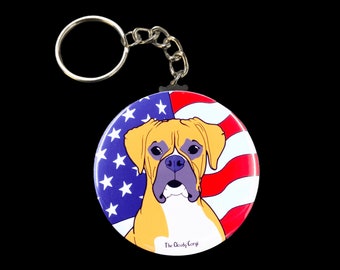 Patriotic Boxer Keychain, USA Dog Key Ring, Patriotic Pet Portrait Gift, Boxer Dog Keychain, American Flag Keychain, 4th of July Accessories