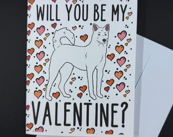 Korean Jindo Dog Valentine's Day Card - Will You Be My Valentine? Puppy Love Note Card- Holiday Stationery Set or Single Card