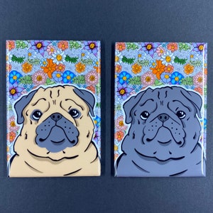 Floral Pug Magnet, Retro Dog Kitchen & Office Decor, Cartoon Pet Portrait Art, Groovy Pug Gift, 2x3" High Quality Handmade Magnet