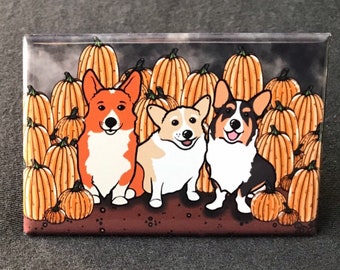 Corgi Pumpkin Patch Magnet, Halloween Dog Decor, Holiday Pet Portrait Gift, Autumn Kitchen Decoration, 2x3" High Quality Handmade Magnet