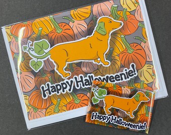 Dachshund Halloween Magnet & Greeting Card Set, Retro Handmade Dog Art Gift for Fall Holiday, Wiener Dog Gift, 2x3" Magnet + 5x7" Card