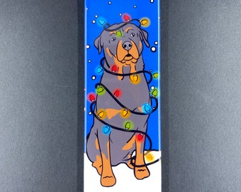 Rottweiler Christmas Lights Magnet, Holiday Dog Portrait Stocking Stuffer Gift, Festive Dog Decor, 1.5x4.5" High Quality Handmade Magnet