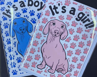 Dachshund Baby Card, Baby Shower Gift, Newborn Announcement Greeting Card,  Handmade Blank Note Card, It's a Boy or It's a Girl Available