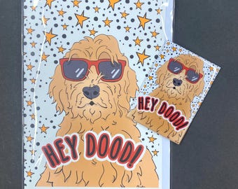 Goldendoodle "Hey Dood!" Magnet & Greeting Card Set, Retro Handmade Dog Art Gift for any Occasion, Doodle Gifts 2x3" Magnet + 5x7" Card