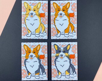 Corgi with a Rose Magnet, Dog Valentine's Day Gift, Retro Kitchen Office Decor, Holiday Pet Portrait Valentine & Anniversary Gift