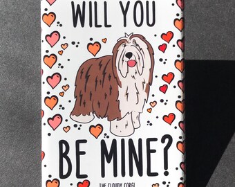 Bearded Collie & Hearts Magnet - Be Mine Valentine's Day Dog Gifts - Herding Dog Cartoon Art Holiday Collectibles and Decor