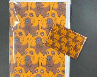 Bloodhound Magnet & Greeting Card Set, Retro Handmade Dog Art Gift for any Occasion, Bloodhound Gift, Matching 2x3" Magnet + 5x7" Card