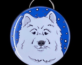 Samoyed Bottle Opener Key Ring, Eskimo Dog in the Snow Keychain, Pet Portrait Art Gift, Winter Dog Accessories, Handmade Button Style  2.25"